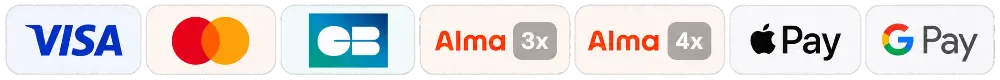 Visa, Mastercard, CB, Alma 3x et 4x, Apple Pay et Google Pay